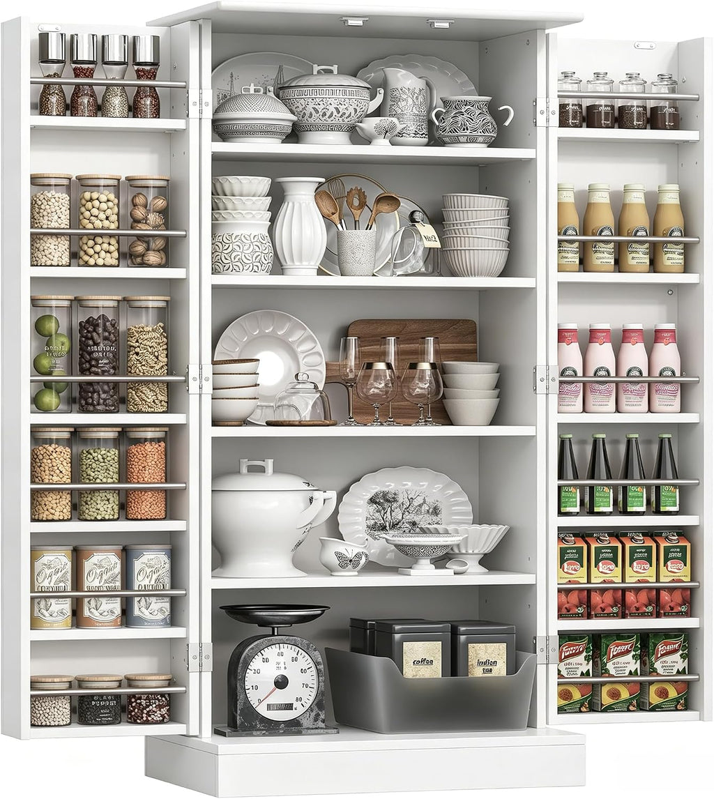 kepptory 47" Kitchen Pantry Cabinet with Doors and Adjustable Shelves, Freestanding Pantry Storage Cabinet, Farmhouse Buffet Cupboard for Kitchen, Dining Room, Living Room, White