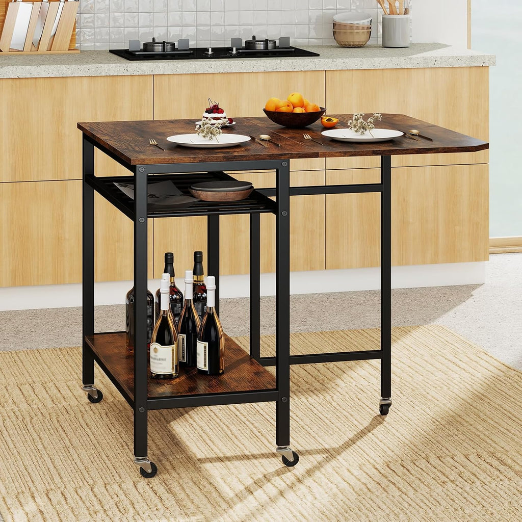 GOFLAME Folding Dining Table, Rolling Kitchen Table with Wine Rack and Storage Shelf, Space Saving Extendable Table with Metal Frame and Lockable Wheels for Living Room, Apartment, Small Space