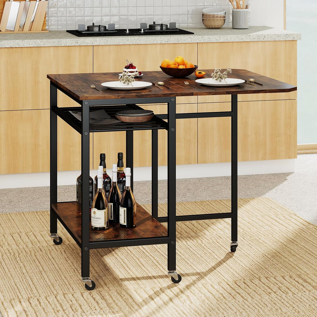 GOFLAME Folding Dining Table, Rolling Kitchen Table with Wine Rack and Storage Shelf, Space Saving Extendable Table with Metal Frame and Lockable Wheels for Living Room, Apartment, Small Space