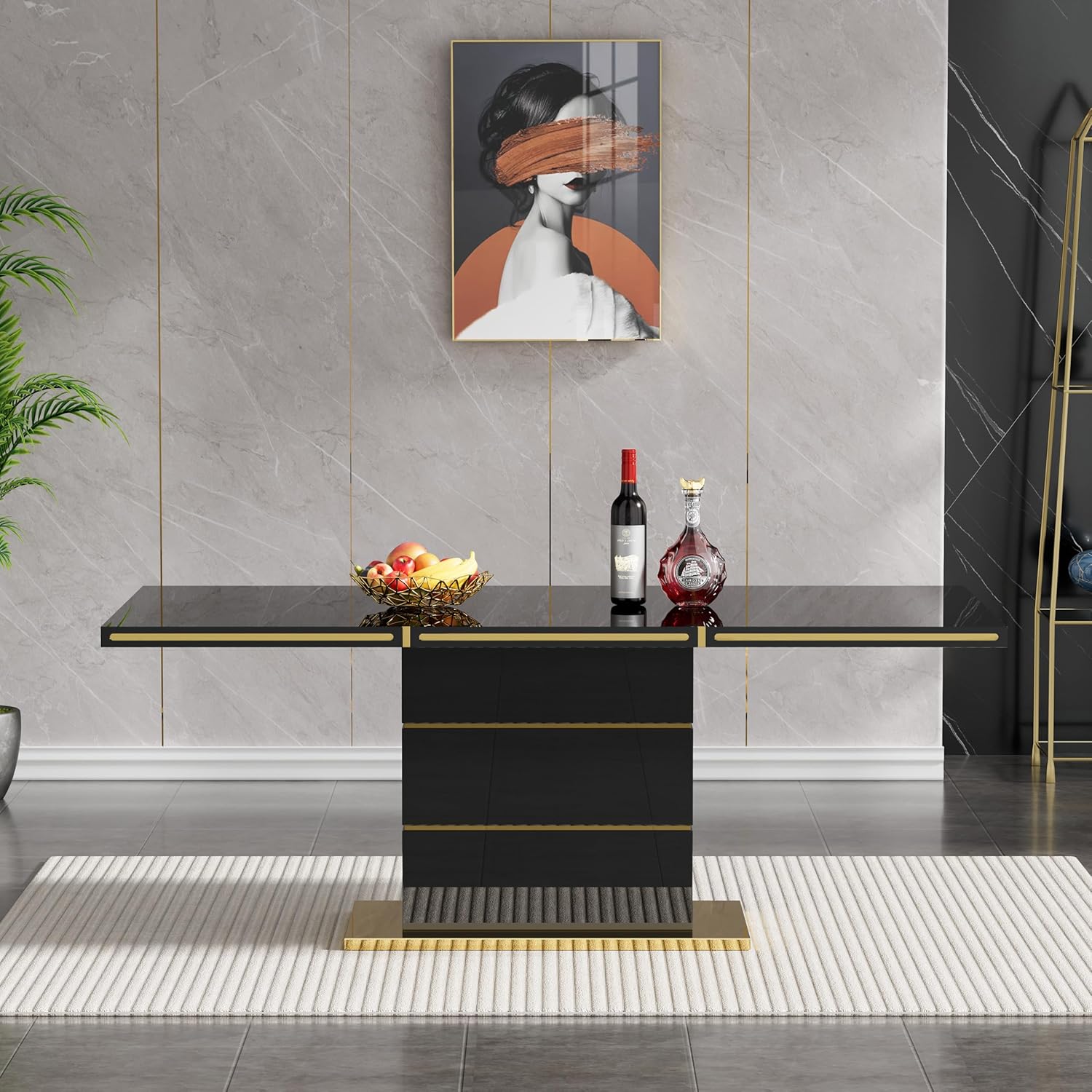 Henf 70" Black Dining Table for 4 6, Modern Glossy Kitchen Table with 1.5" Thick Lacquered Tabletop and Gold Stainless Steel Trim, Luxury Rectangular Dinner Tables for Dining Room