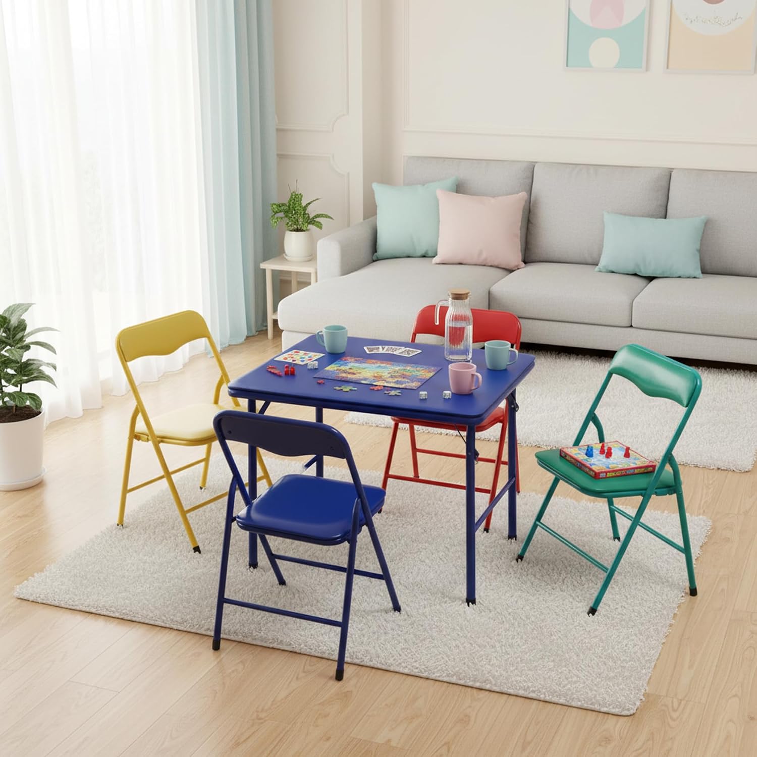 FurnitureR 5-Piece Folding Table and Chair Set, Compact Square Activity Table with 4 Folding Chairs, Sturdy Metal Frame, Flat-Fold Design for Game Room, Crafts, Family Activities