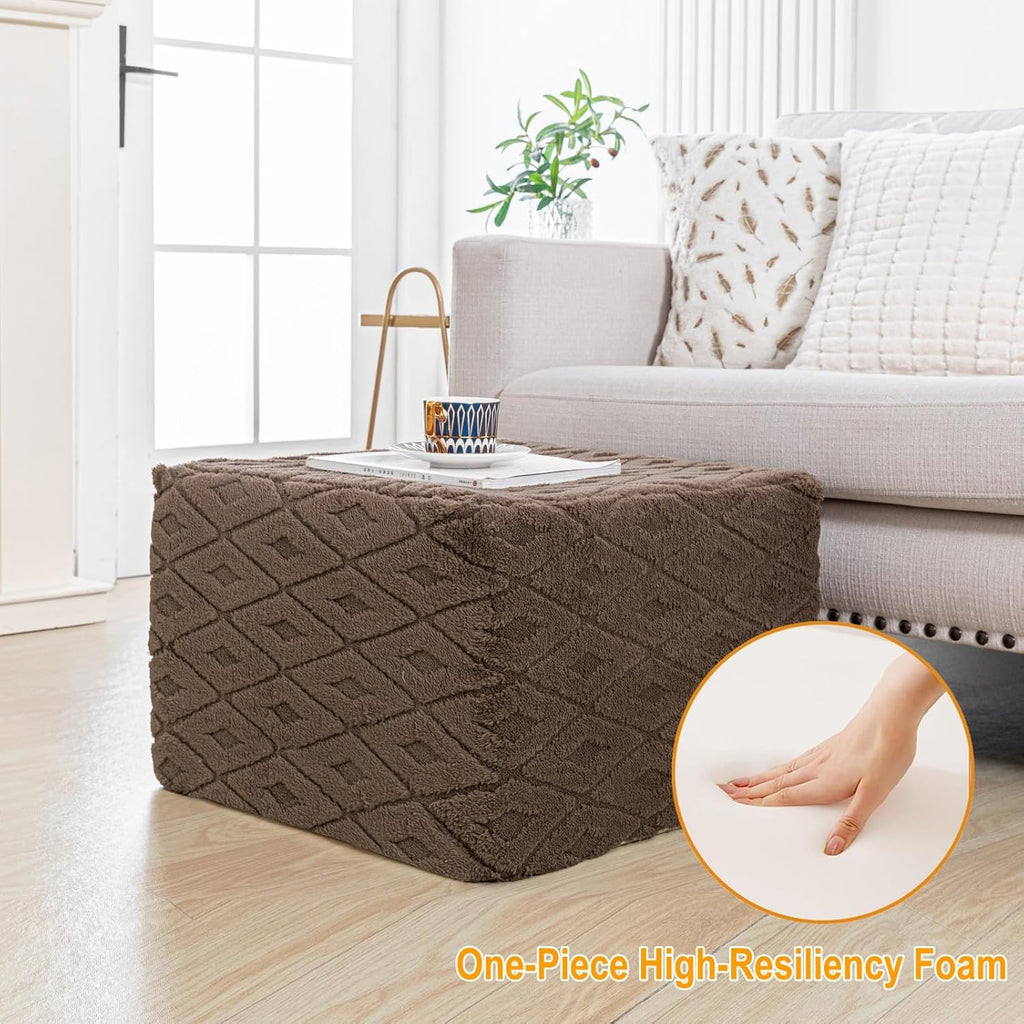 Fluffy Square Ottoman Pouf with All-in-One Foam Filling 20 x 14 Inches Furry Ottoman Foot Rest Foot Stool for Living Room or Bedroom (Coffee)
