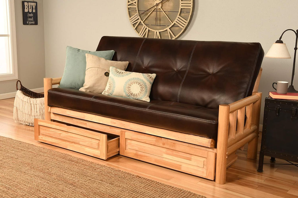 Kodiak Furniture Cabin Lodge Log Futon Frame, Drawers w/up North Premium 8" Innerspring Mattress Sofa Bed Set Full Size (Sofa Frame & Mattress)