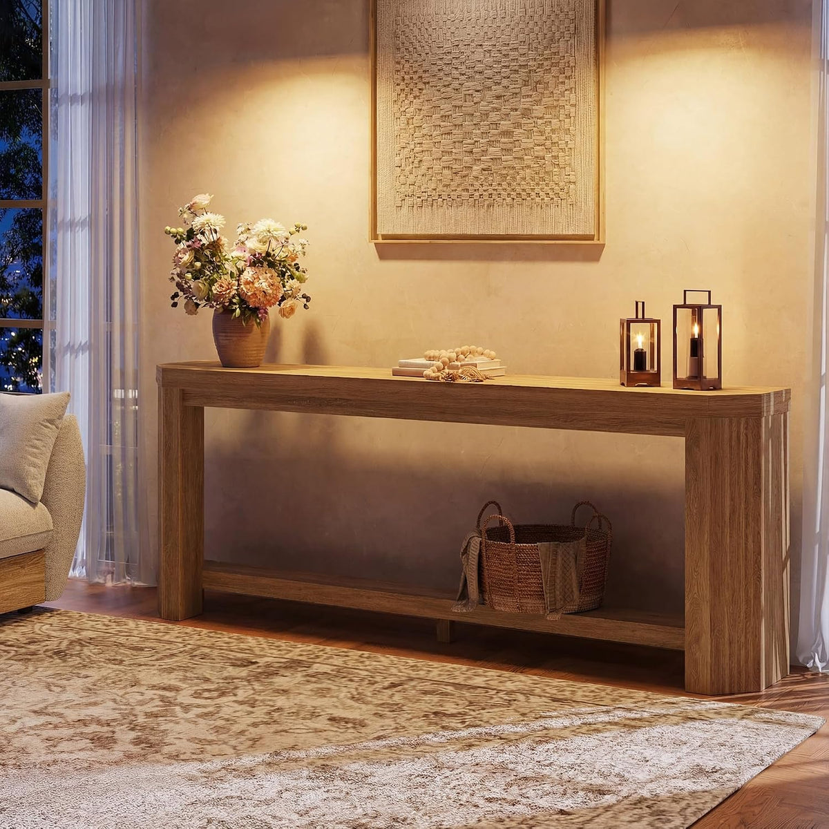 70" Console Table for Entryway, Narrow Long Sofa Table Behind Couch, Wood Couch Table with Open Storage, Easy Assembly Entryway Table for Living Room, Hallway, Foyer, Couch, Natural Oak