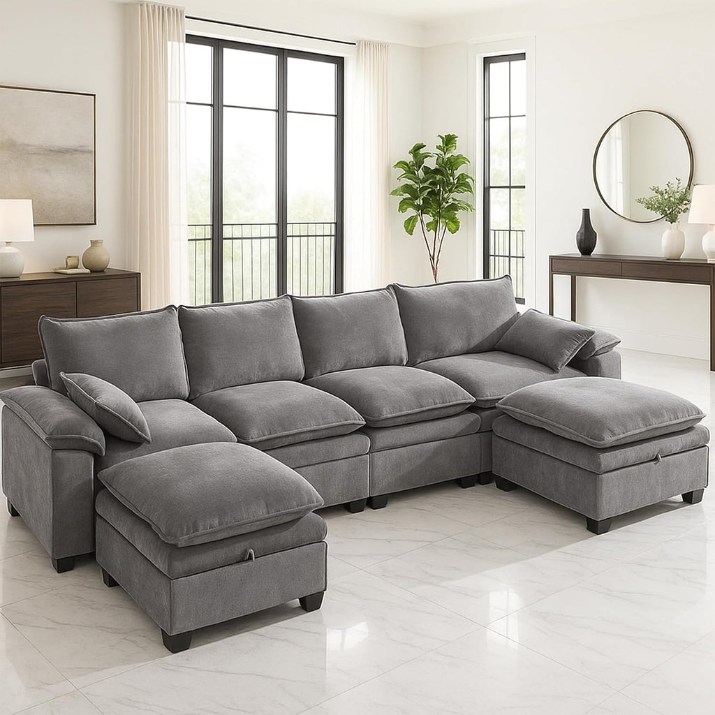 130" Modular Sectional Sofa with Storage, Premium Chenille Cloud Couch with Movable Ottomans, 1200lbs Heavy Duty Deep Seat Sectional, High-Density Foam (Light Gray, 4 Seater & 2 Ottoman)