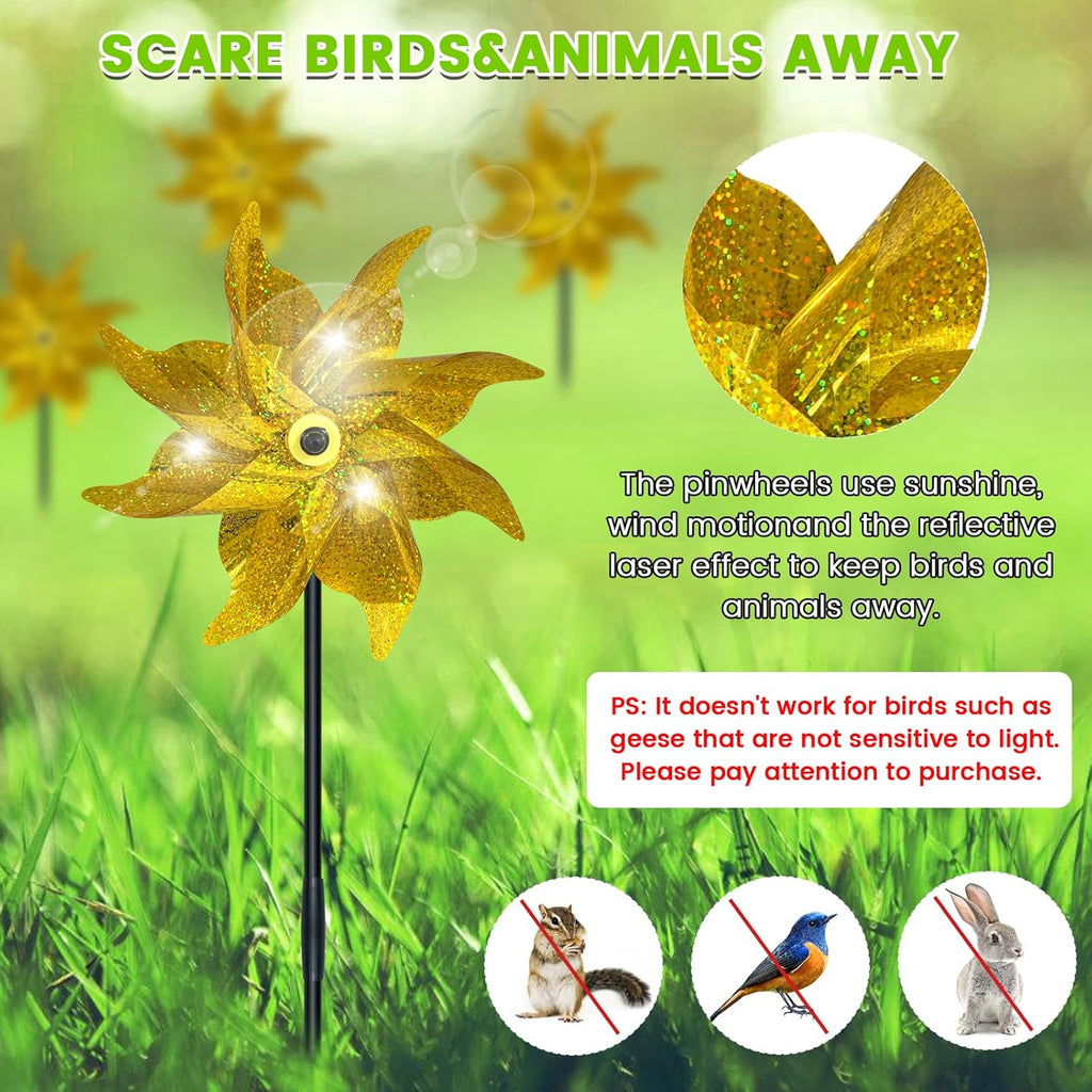 10 PCS Reflective Pinwheels for Yard and Garden Bird Devices Pre-Installed Sparkly Wind Spinner Deterrent to Scare Birds Away from Yard Patio Farm (Yellow)