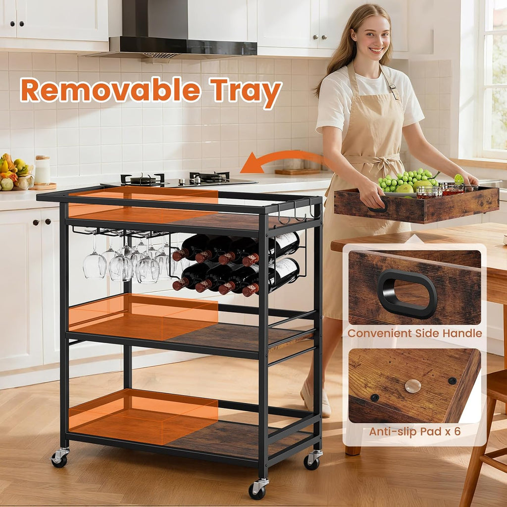 Leteuke Bar Cart for Home, 3 Tier Rolling Serving Carts with Wheels | Drink Cart, Liquor Stand with Removable Tray, Wine Rack and Glass Holder for Kitchen, Outdoor, Dining Room-Black Brown