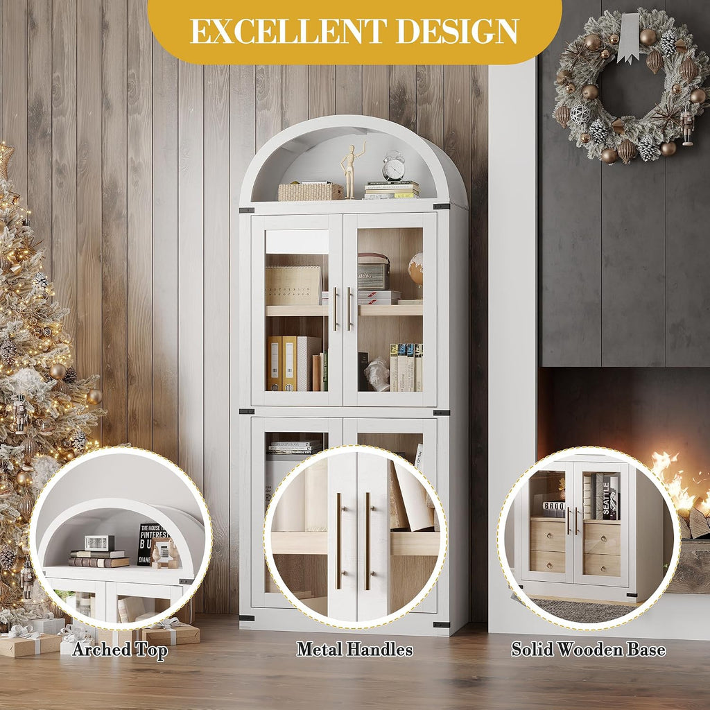 IDEALHOUSE Arched Kitchen Pantry Cabinet,71'' Wood Storage Cabinets Bookcase,Farmhouse Storage Display Cabinet with Glass Doors,2 Large Drawers,Versatile Cupboard for Living Room,Dining Room(White)