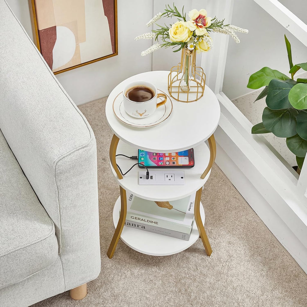 Small Round Side Table with Charging Station, 3-Tier Waist Circular End Table with Storage Shelf, Compact Tea Sofa Side Table Small Spaces, Round Corner Coffee Table for Living Room Bedroon,White+Gold