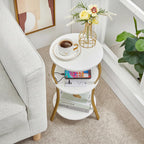 Small Round Side Table with Charging Station, 3-Tier Waist Circular End Table with Storage Shelf, Compact Tea Sofa Side Table Small Spaces, Round Corner Coffee Table for Living Room Bedroon,White+Gold