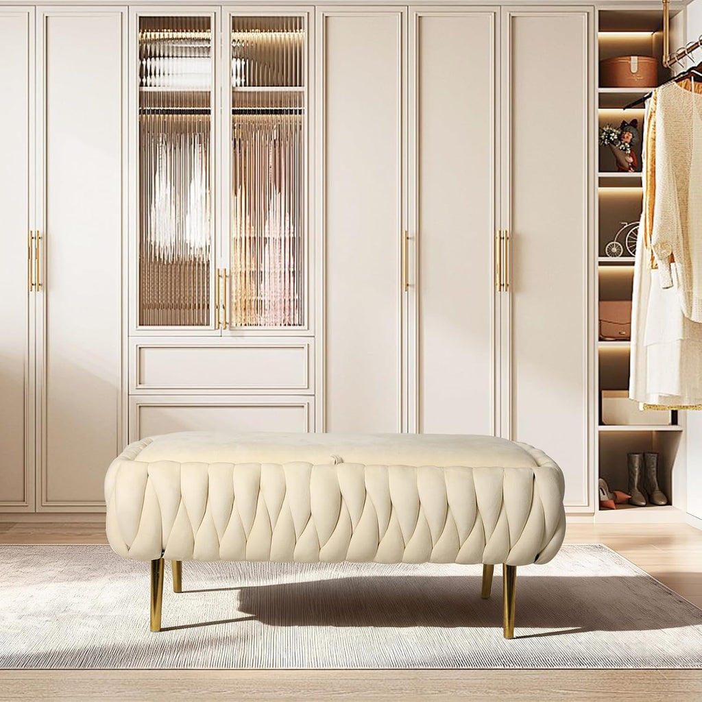 End of Bed Bedroom Storage Bench Upholstered, Hand-Woven Storage Ottoman Bench for Bedroom with Hinged Lid Golden Legs, for Living Room, Entryway Beige