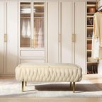 End of Bed Bedroom Storage Bench Upholstered, Hand-Woven Storage Ottoman Bench for Bedroom with Hinged Lid Golden Legs, for Living Room, Entryway Beige