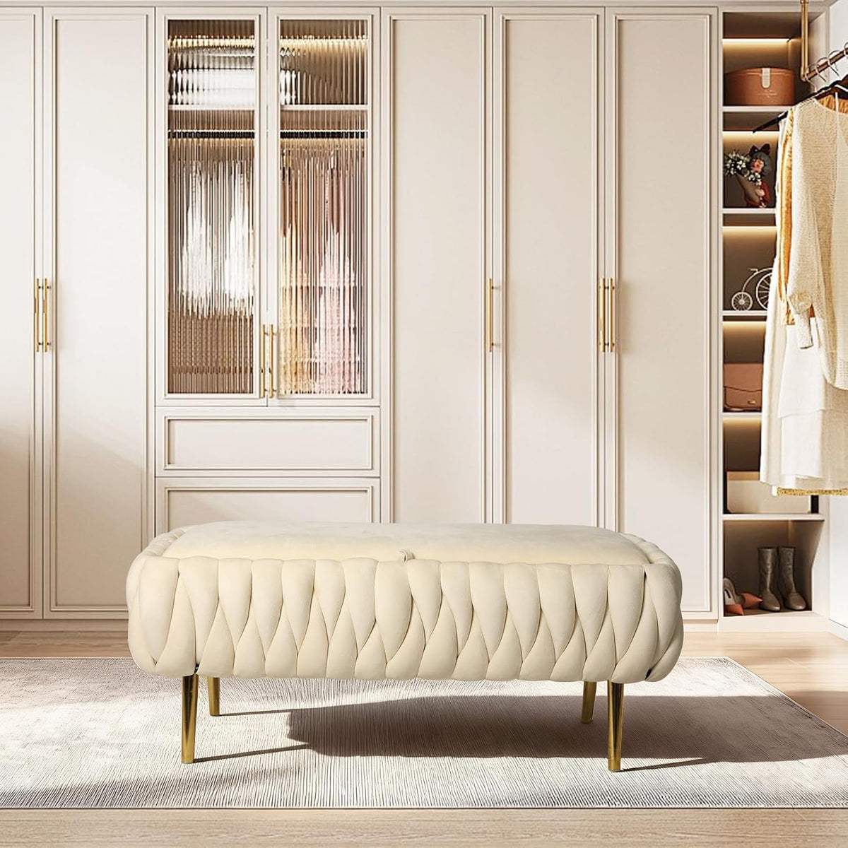 End of Bed Bedroom Storage Bench Upholstered, Hand-Woven Storage Ottoman Bench for Bedroom with Hinged Lid Golden Legs, for Living Room, Entryway Beige