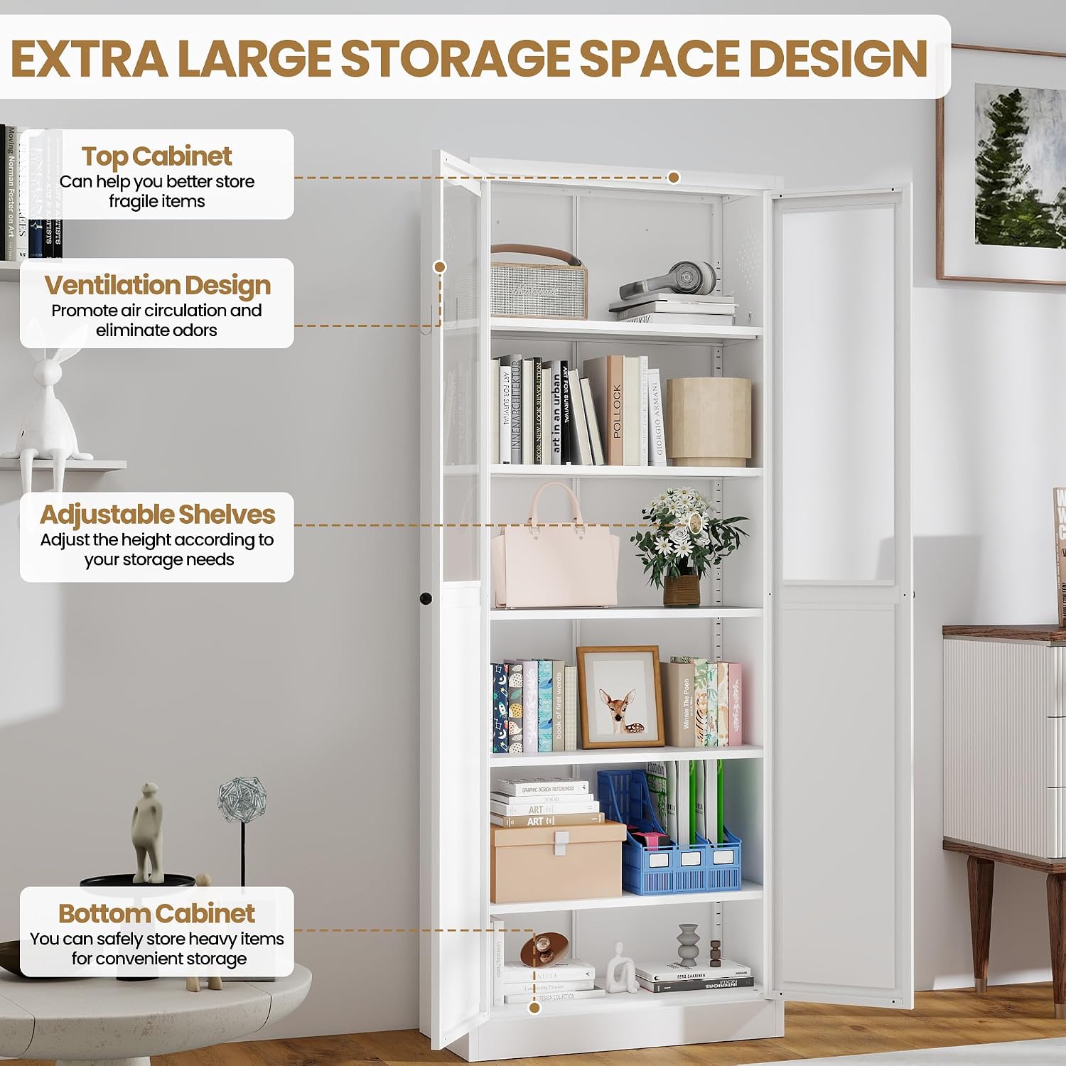 Kitchen Pantry Storage Cabinet, 72" H Storage Cabinet with Doors and Adjustable Shelves, Spacious Cupboard with 2 Handles, Metal Kitchen Cabinet for Dining Room, Living Room, White