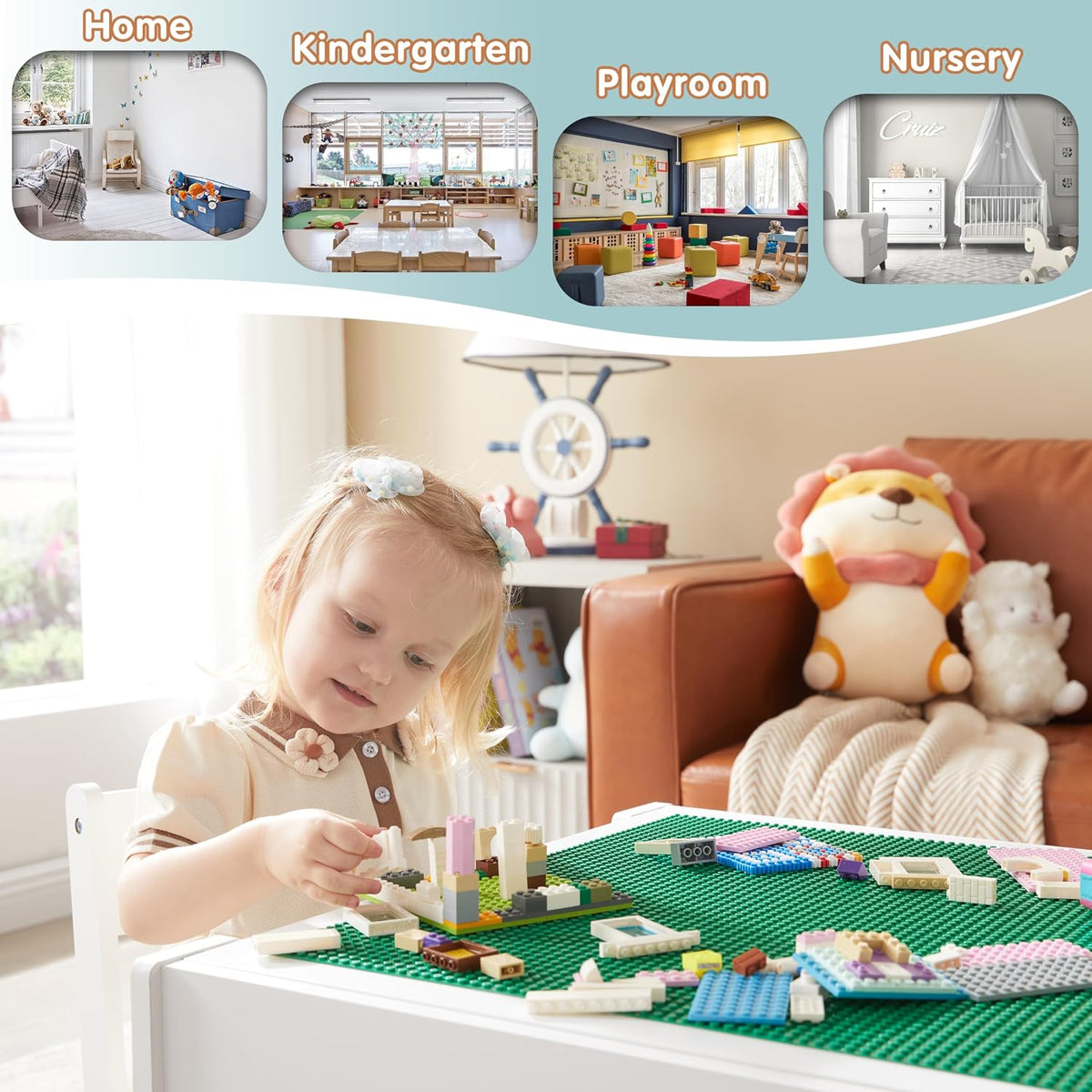 GABHX Kids Table and Chair Set, 3 in 1 Wooden Activity Table with Bookshelves and Storage Drawer, 2 in 1 Detachable Tabletop Construction Play Table Set for Drawing, Reading