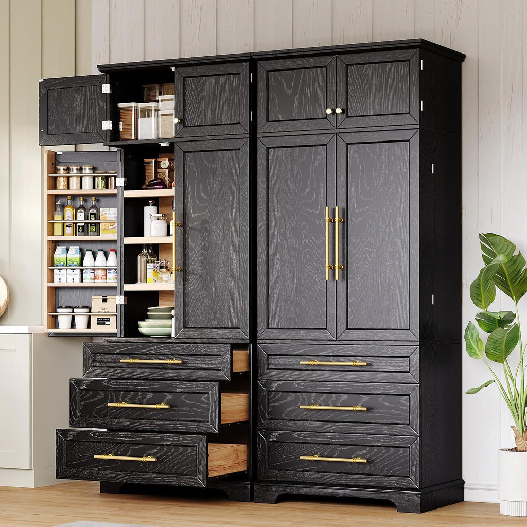 JIJIWANG Kitchen Pantry Storage Cabinet with Doors & Adjustable Shelves,Farmhouse Kitchen Pantry Cabinet with Drawer & Storage,for Kitchen, Dining & Bathroom,Black