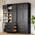 78.2" Tall Farmhouse Kitchen Pantry Cabinet with 8 Door Shelves, Storage Cupboard with 3 Adjustable Shelves, 3 Large Drawers,for Dining & Bathroom (Ash Black-J)