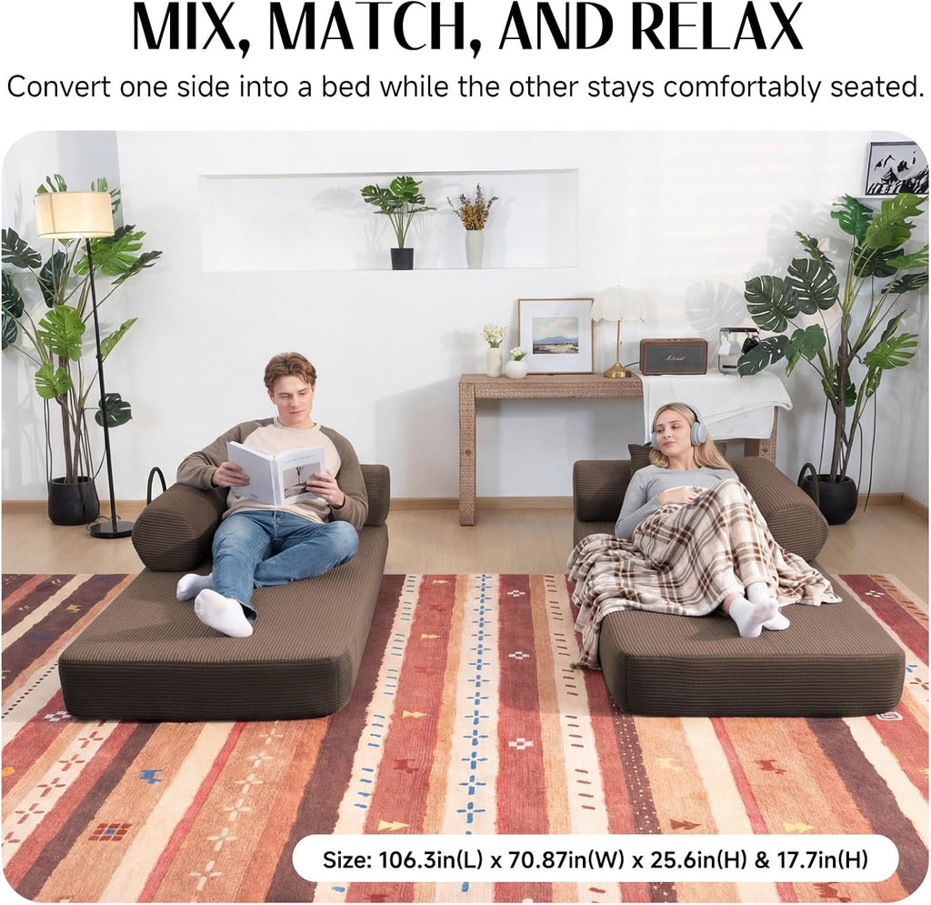 79" Corduroy Sofa Bed, Couch in a Box with 2 Pillows, High-Density Foam 4-in-1 Foldable Sleeper Futon Loveseat for Small Spaces, No Assembly, Side Pockets, Hex Arm Brown