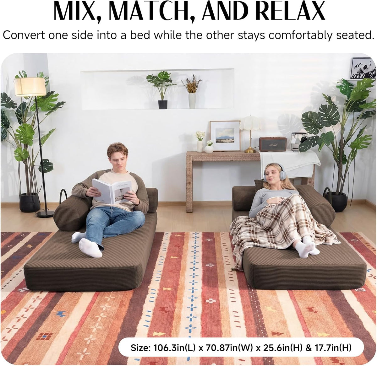 79" Corduroy Sofa Bed, Couch in a Box with 2 Pillows, High-Density Foam 4-in-1 Foldable Sleeper Futon Loveseat for Small Spaces, No Assembly, Side Pockets, Hex Arm Brown