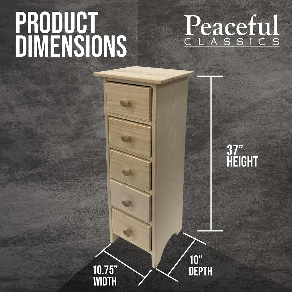 Peaceful Classics Skinny Drawers Cabinet - 5 Storage Drawers for Living Room, Kitchen, or Bathroom Amish Furniture Wood Cabinet, 10.75x10x37 inches (Unfinished)