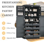 71" Tall Kitchen Pantry Cabinet, Freestanding Food Storage Pantry with 4 Doors, 8 Pull-Out Trays and Adjustable Shelves, Wood Storage Cupboard for Kitchen, Dining Room,Gray