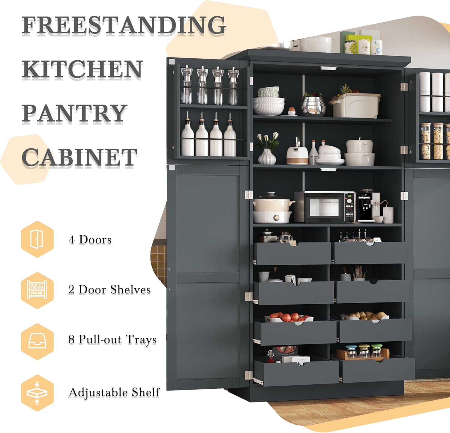71" Tall Kitchen Pantry Cabinet, Freestanding Food Storage Pantry with 4 Doors, 8 Pull-Out Trays and Adjustable Shelves, Wood Storage Cupboard for Kitchen, Dining Room,Gray