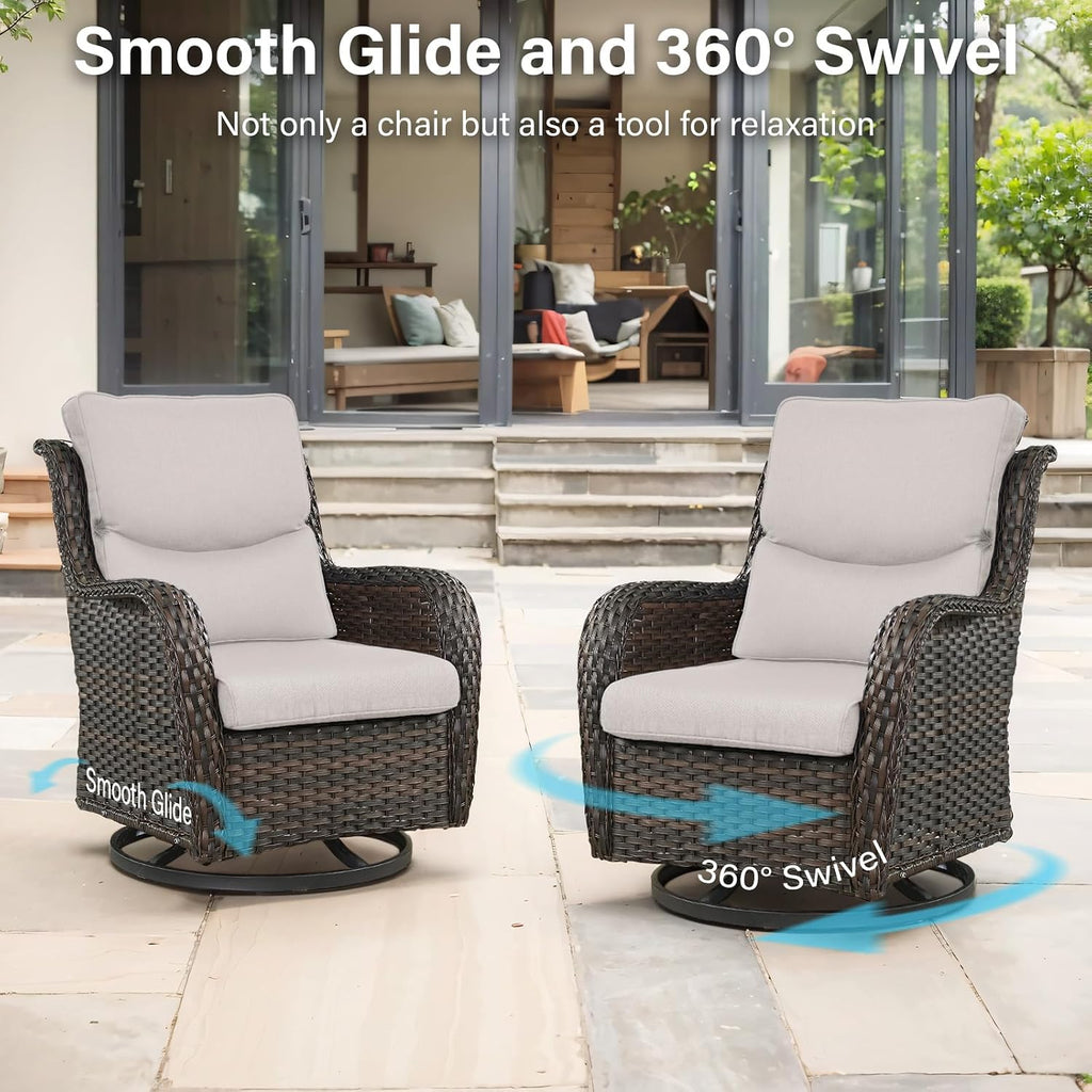 Outdoor Swivel Rocker Patio Chairs with 2 Ottomans - 5" Thick Cushion 4 Piece Furniture Set All Weather Comfortable Wicker Conversation Set for Porch Poolside and Deck - Brown/Beige