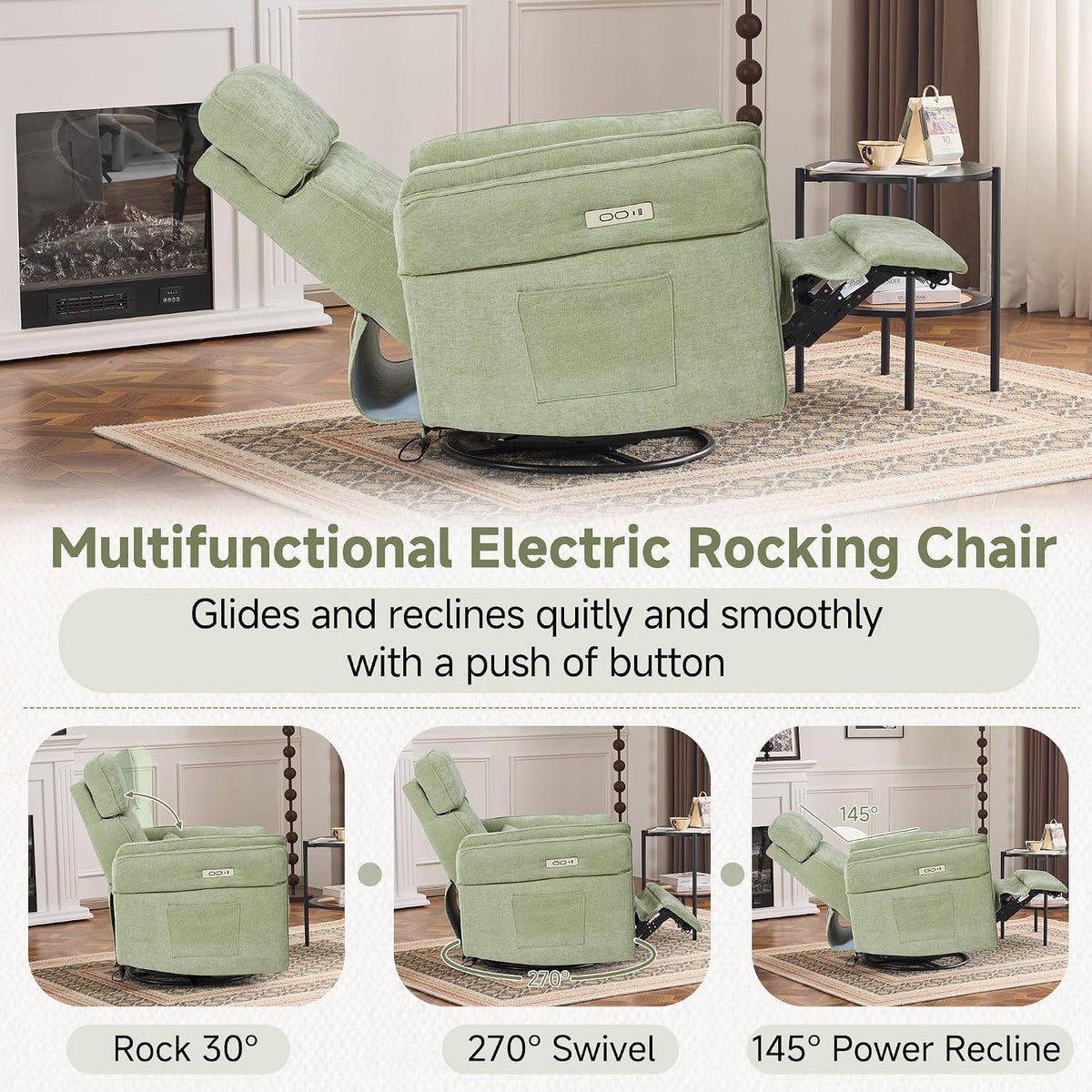 Power Recliner Rocking Chair with Adjustable Arms and Headrest,Green Fabric | Swivel electric glider,nursing chair glider for nursery, storage bags and USB port included, FSC certified