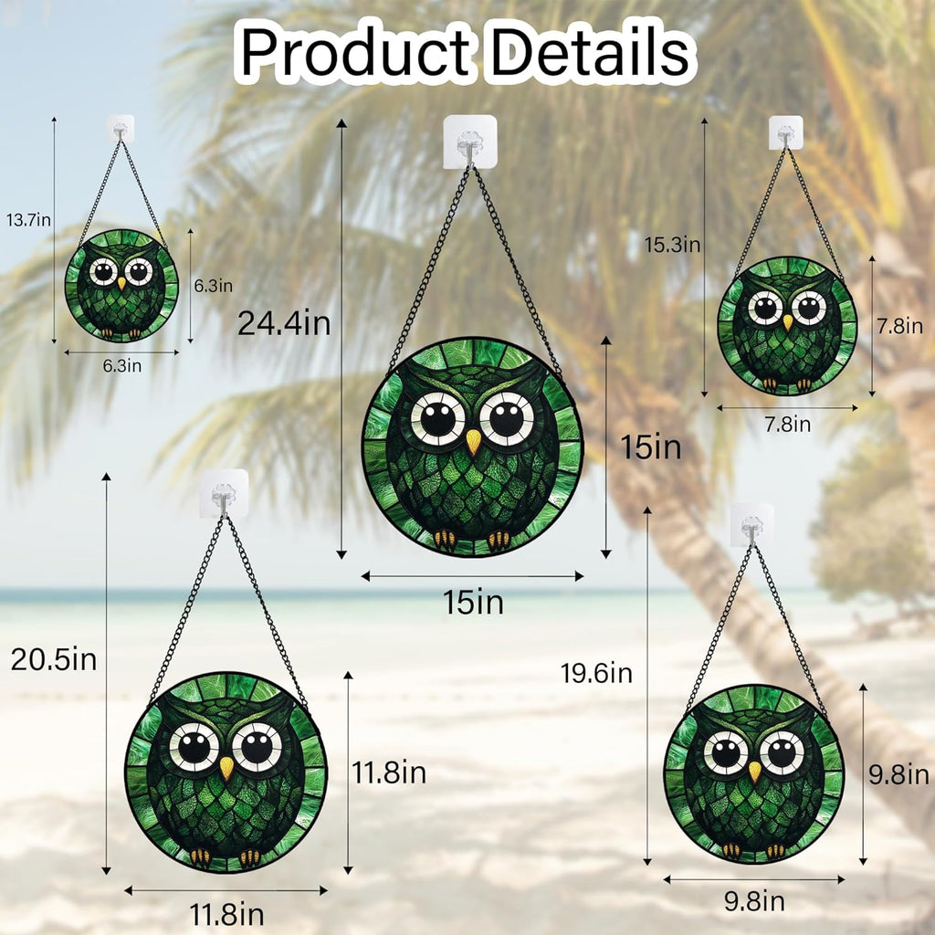 Stained Glass Window Hanging - Green Owl Suncatcher for Doors Garden Patio Funny Bird Sun Catchers Decor Christmas Mother's Day Birthday Teenager Gifts for Women Men Mom Nana Friend 7.8 in