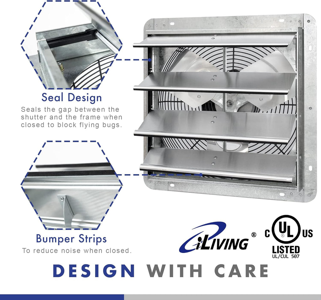 iLIVING 16" Wall Mounted Shutter Exhaust Fan, Automatic Shutter, with Thermostat and Variable Speed controller, 0.85A, 1200 CFM, 1800 SQF Coverage Area Silver (ILG8SF16V-ST)