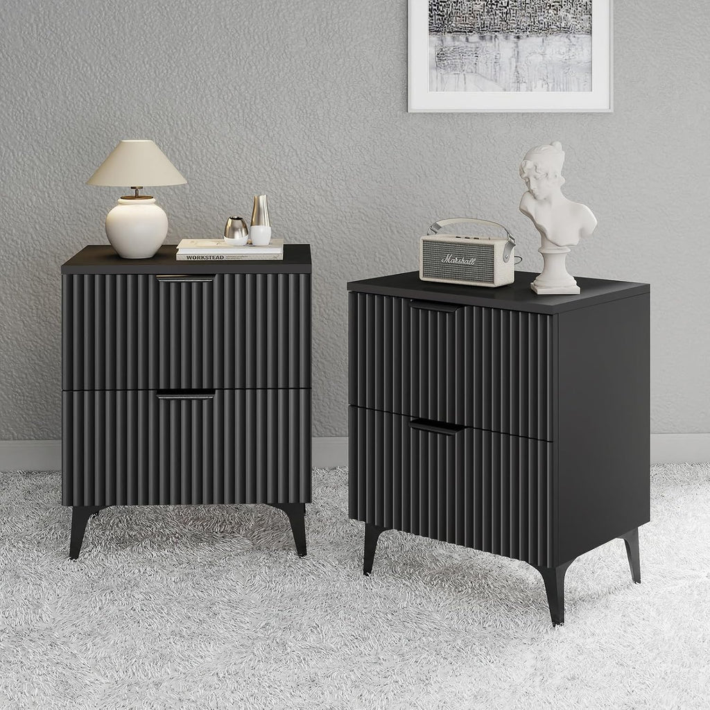 Wood Nightstand Set of 2, Fluted Bedside Tables with 2 Drawers