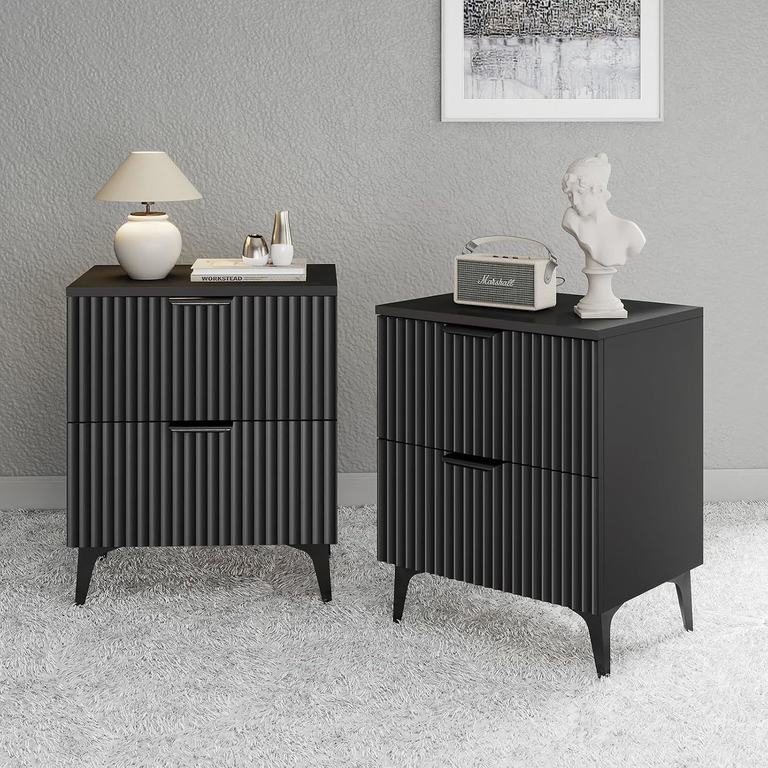 Wood Nightstand Set of 2, Fluted Bedside Tables with 2 Drawers