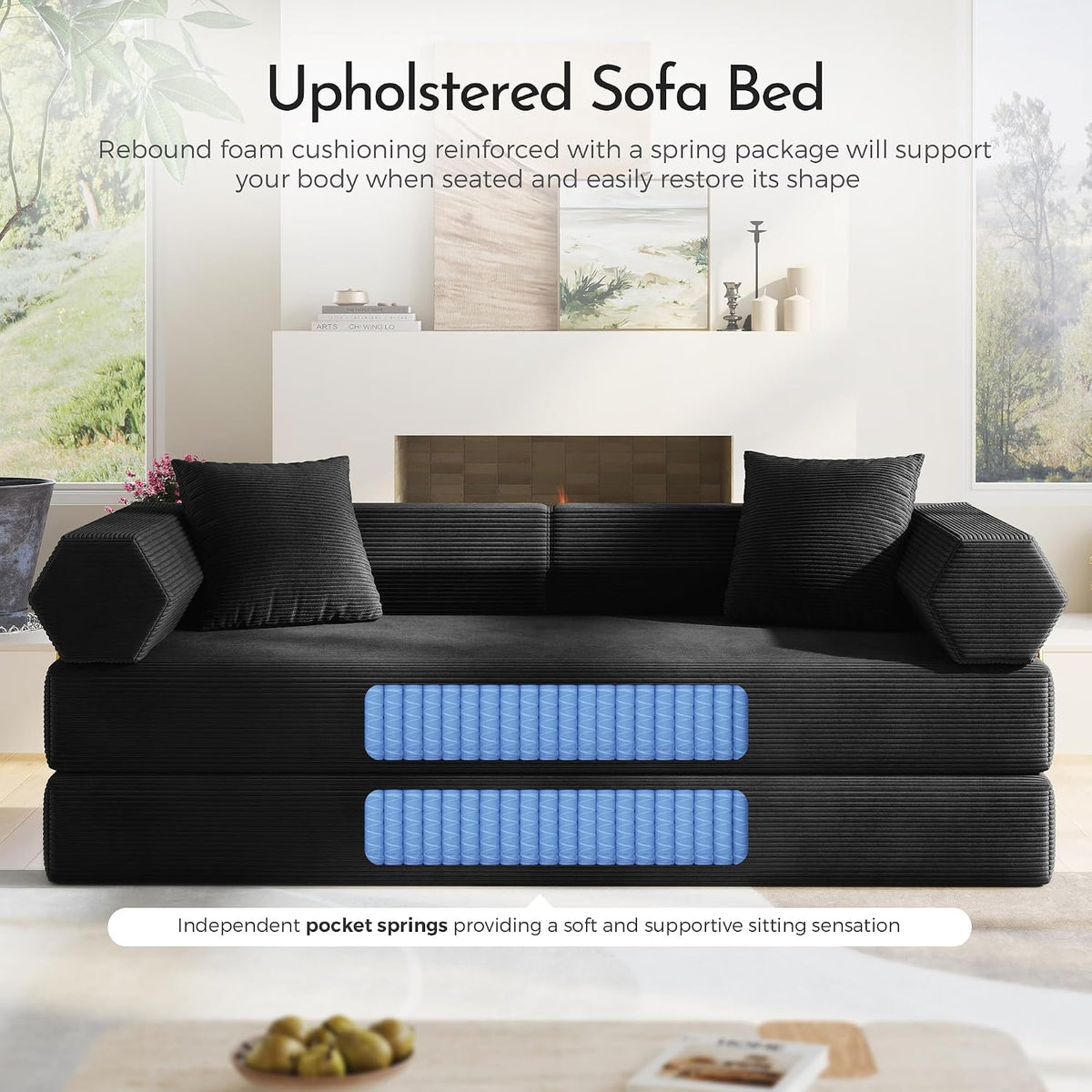79" Convertible Futon Sofa Bed, Couch for Living Room | Black | Modular Sleeper Sofa, Corduroy Pull Out Floor Couch Loveseat with Fixed-Shape Frame, No Assembly