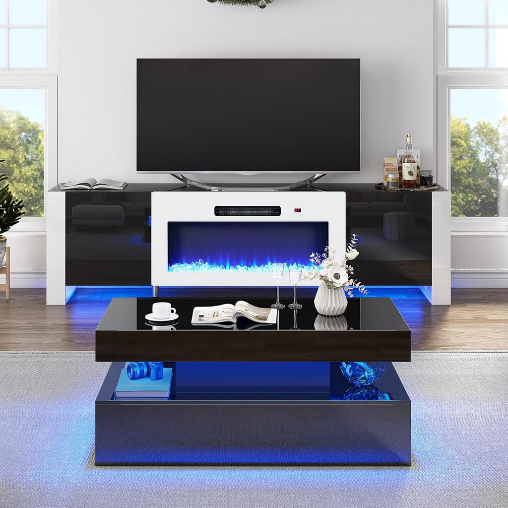 VanAcc 3-Piece Modern Living Room Table Sets, 70" Modern LED TV Stand with 36" Electric Fireplace, High Gloss Coffee Tables for Living Room, Black & White