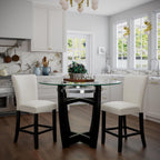 PADMA HOUSE Glass Pub Dining Set for 4, 45in Modern Round Wood Glass Counter Height Bar Table with 4 Leather Pub Stools 5 Pieces Round Bistro Dining Table Chair Set,Clear&Ivory