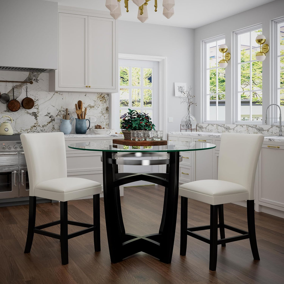 PADMA HOUSE Glass Pub Dining Set for 4, 45in Modern Round Wood Glass Counter Height Bar Table with 4 Leather Pub Stools 5 Pieces Round Bistro Dining Table Chair Set,Clear&Ivory