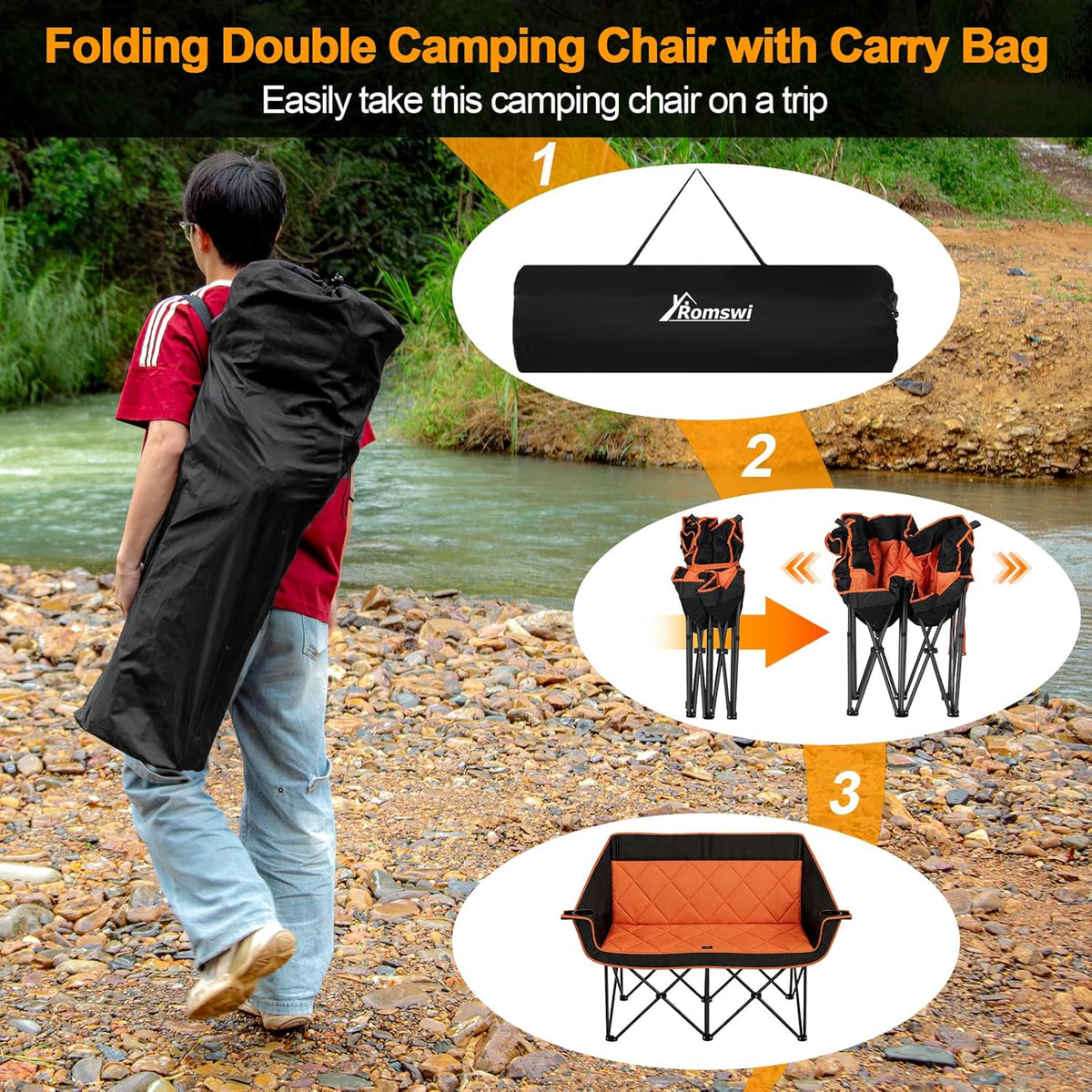 Romswi Double Camping Chair,2 Person Camping Chair Oversized Folding Loveseat,Heavy Duty Camping Couch & Outdoor Sofa with Cup Holders,Supports 750LBS Orange