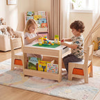 Costzon 4 in 1 Kids Table and Chairs with Building Blocks (Natural) | Wooden Toddler Activity Table Set w/ Detachable Graffiti Tabletop, Blackboard and Storage Drawers for Play, Arts & Crafts
