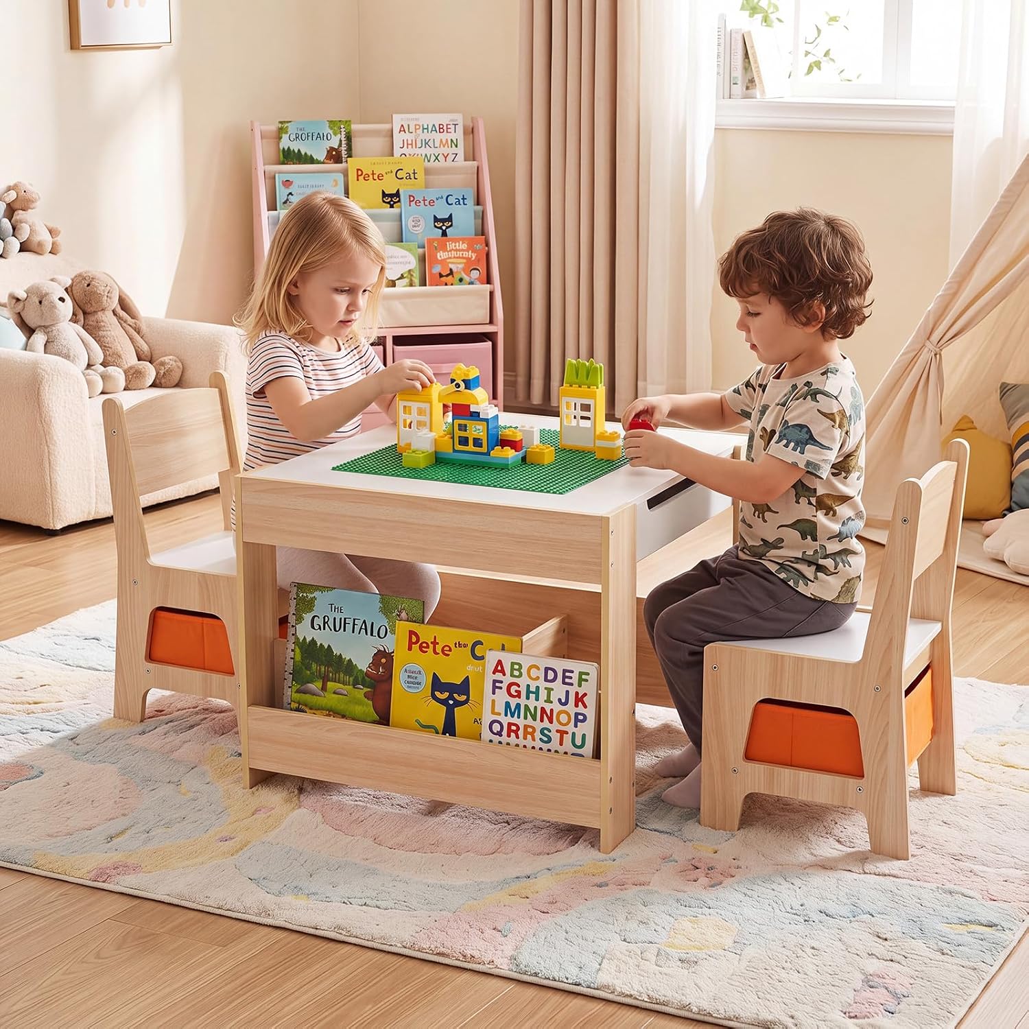 Costzon 4 in 1 Kids Table and Chairs with Building Blocks (Natural) | Wooden Toddler Activity Table Set w/ Detachable Graffiti Tabletop, Blackboard and Storage Drawers for Play, Arts & Crafts