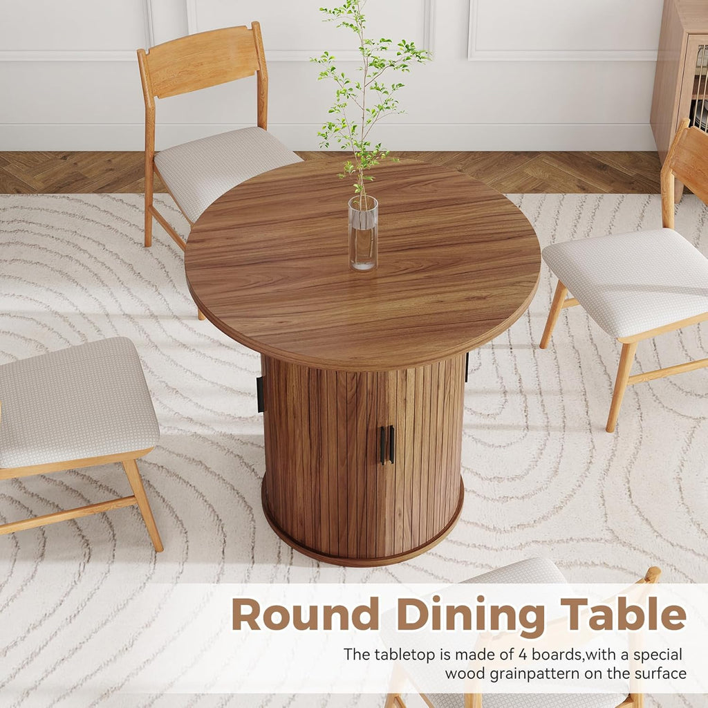 Nalupatio 31.5 Inch Round Dining Table for 2, Versatile Two-Person Kitchen Table with Half-Open Storage Shelf & Sliding Door, Modern Farmhouse Circle Dinner Table for Dining Room, Living Room, Walnut