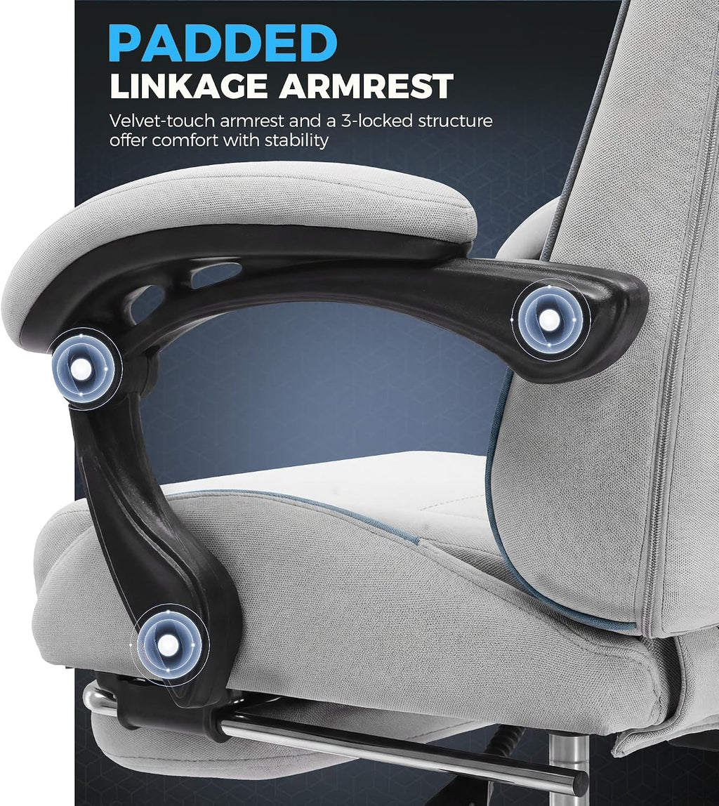 GTPLAYER Gaming Chair Fabric with Pocket Spring Cushion,Computer Office Chair with Lumbar Support for Adults Linkage Armrests and Footrest Ergonomic Gamings Chairs Height Adjustable LightGray
