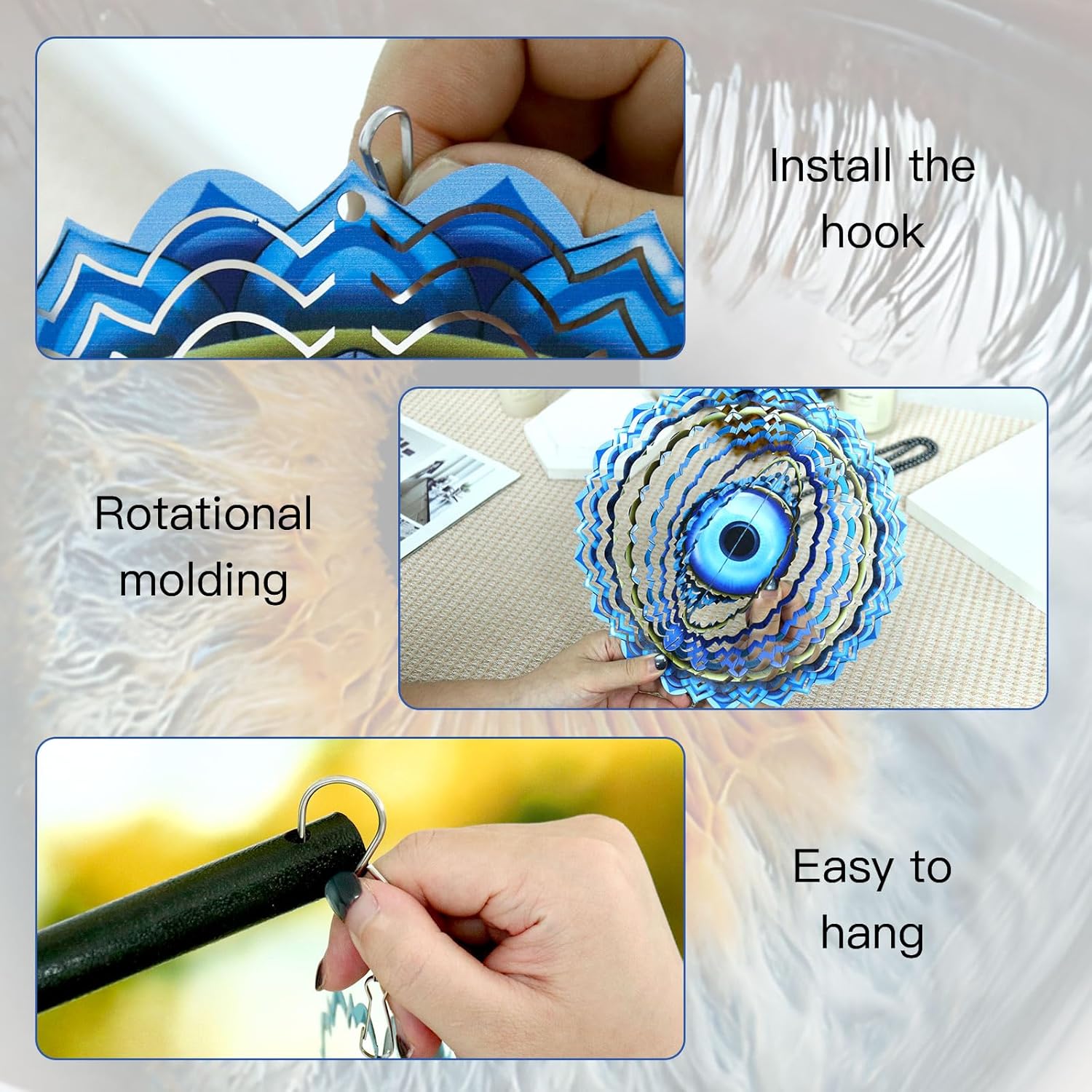 Blue Evil Eye Hanging Wind Spinners Outdoor Metal Evil Eye Decor Mandala 3D Stainless Steel Wind Spinner Protective Amulet for Home Outdoor Garden Yard Decoration (Layered)