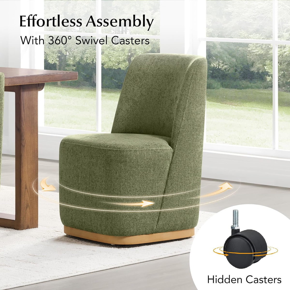 CHITA Upholstered Rolling Dining Chair on Casters Set of 2, FSC Certified Modern Fabric Dining Chair with Casters, Boucle Dining Chairs for Reading Room Kitchen Dining Room, Moss Green