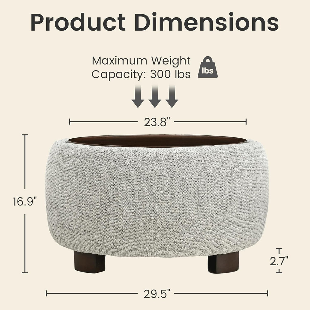 VKNOW 30" Round Storage Ottoman, Ottoman Coffee Table with Removable Wood Top and Solid Wood Legs for Living Room, Bedroom, Apartments (Beige)
