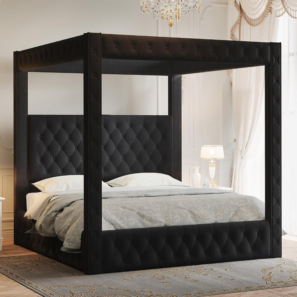 Jocisland King Canopy Bed Frame Velvet Upholstered Headboard, Black