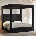 Jocisland King Canopy Bed Frame Velvet Upholstered Headboard, Black