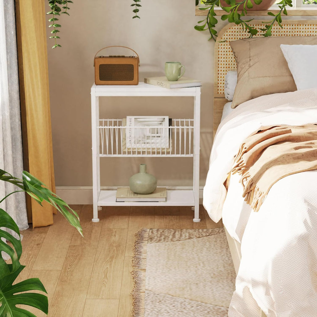 Side Table for Small Spaces, Narrow End Table with Magazine Holder, 2 in 1 Design Slim Side Table, Skinny Nightstand for Living Room Bedroom, Thin Side Magazine Table, White