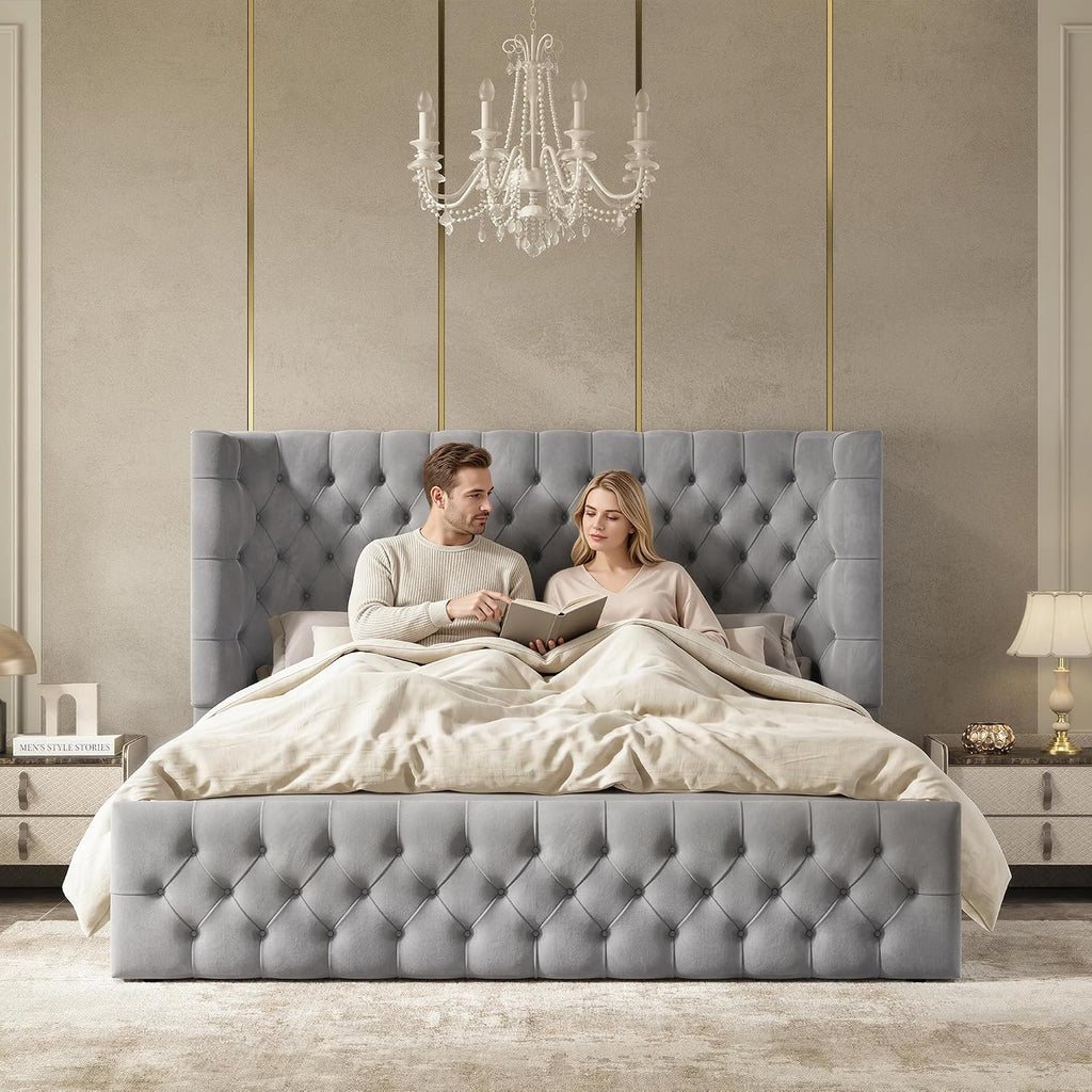 Jocisland King Bed Frame Upholstered Wingback Headboard & Footboard,Grey