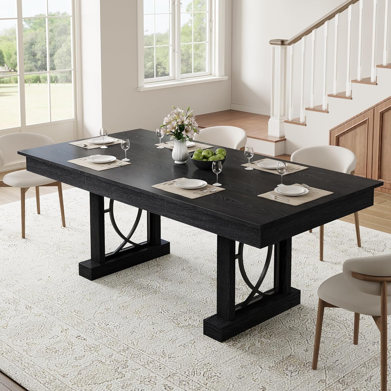 Garvee 71-Inch Dining Table for 6-8 with 2 Drawers, Large Wooden Kitchen Table w/Large Tabletop & Sturdy Frame, Rectangular Dining Table with Double Pedestal, for Kitchen, Office