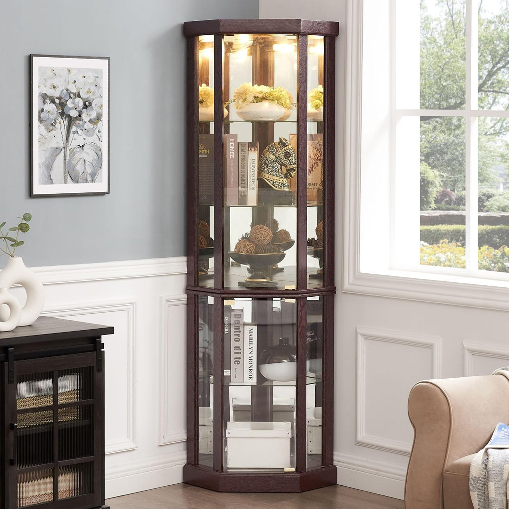 70" H Lighted Corner Curio Cabinet, Glass Display Cage with Tempered Glass Doors and 5 Adjustable Shelves, Wine Cabinet Storage Rack for Bar and Liquor Storage (Dark Cherry)